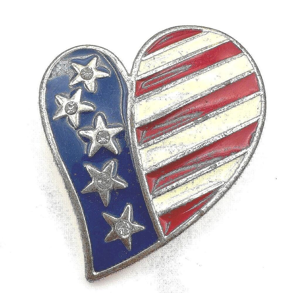 Vintage 90s American Flag Heart Shaped Enamel Lapel Pin Brooch Gold Tone Jewelry